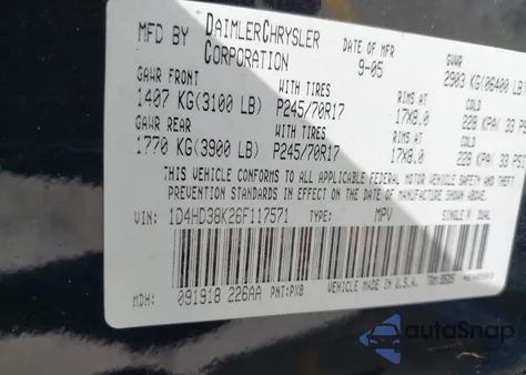 2006 Dodge Durango Sxt из США, поврежденный, VIN 1D4HD38K26F117571